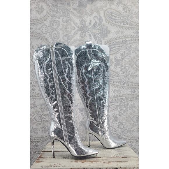 Forever 21 Metallic knee-high cowboy western stiletto boots Size 6 Festival NWT - Picture 2 of 14